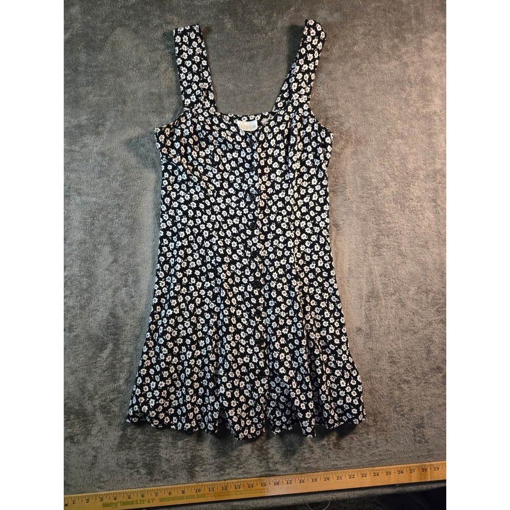 Moda Int'l Sun Dress Womens 12 Black Good Vintage 90s Floral Rayon Button Front